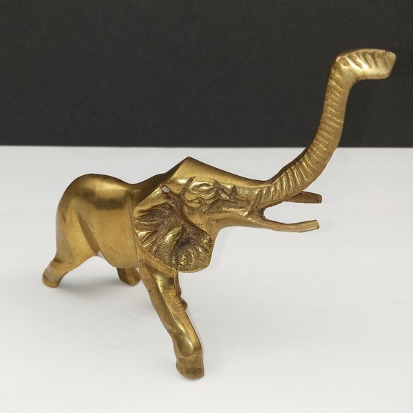 Vintage Golden Brass Lucky Elephant Hearth Desktop Paperweight Trunk Raised Up - Picture 2 of 4